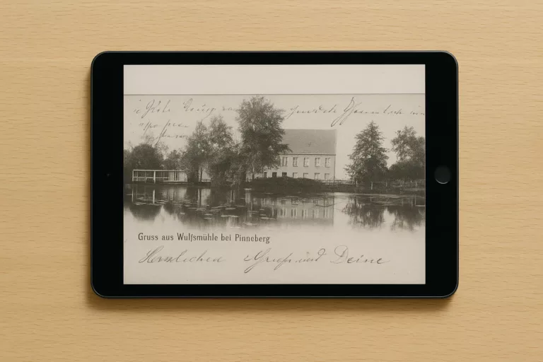 Ipad auf einem Tisch liegend, zeigt eine Beispielansicht der Sammlung Online, in diesem Fall eine Postkarte mit Grüßen aus der Wulfsmühle bei Pinneberg.